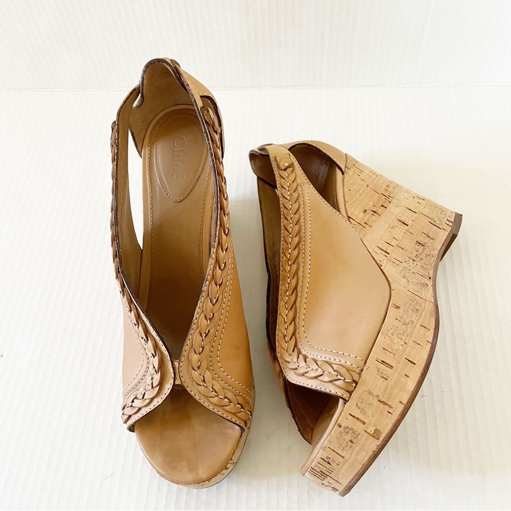 Chloe Beige Leather Cork Wedge Sandals Size 40 or 9.5